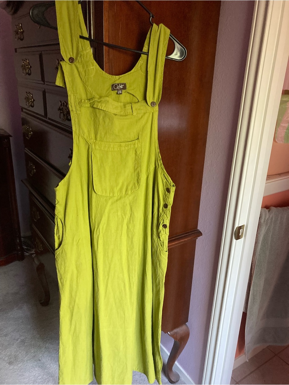 Lime Green Linen-Blend Pinafore Midi Dress with Front Pocket